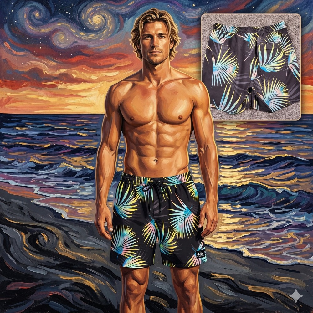 Quiksilver Mens Tropical Palm Leaf‎ Board Shorts Black Large Swim Trunks Surf